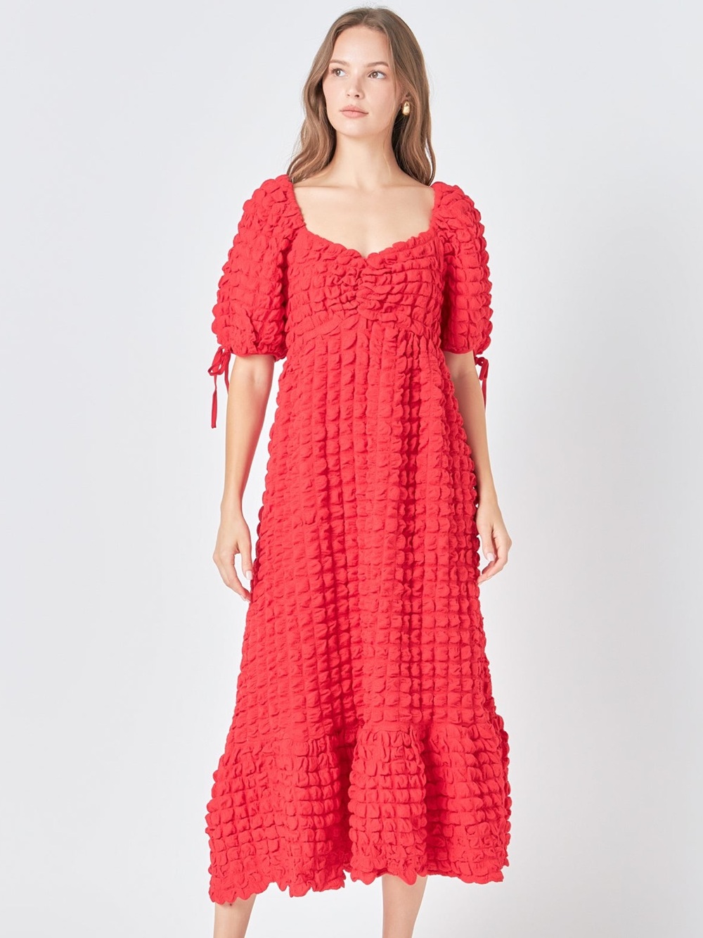 Endless Rose Red Bubble Texture Puff Sleeve Maxi Dress M